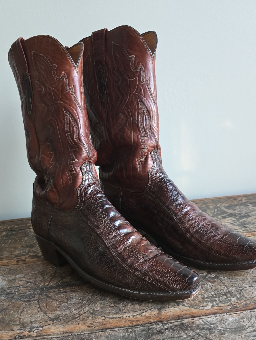 Lucchese Brown Men's Ostrich/Leather Western Boots
